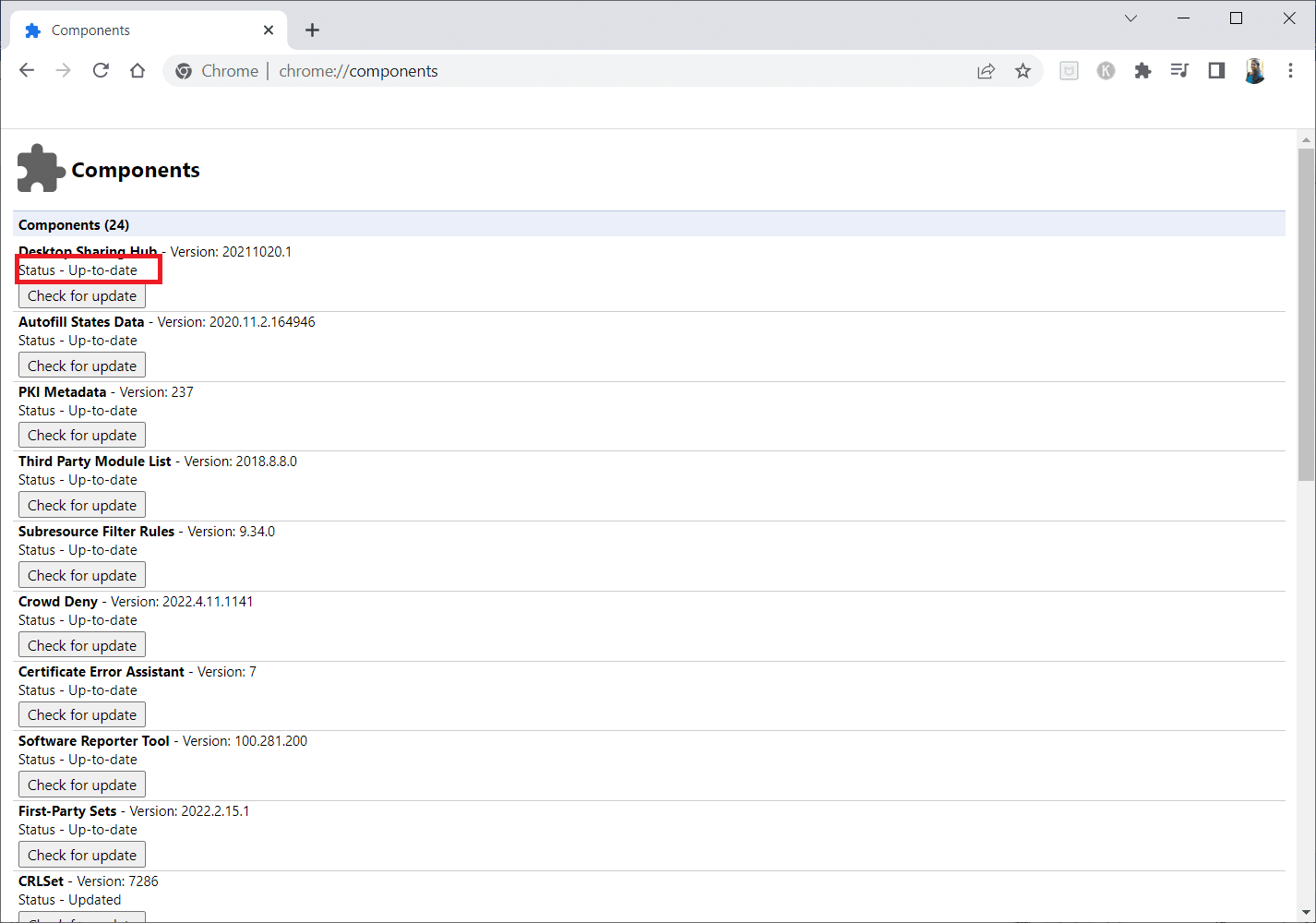 Wenn die Komponente aktualisiert wird, sehen Sie einen Status auf dem neuesten Stand. Beheben Sie Chrome-Plug-ins, die in Windows 10 nicht funktionieren