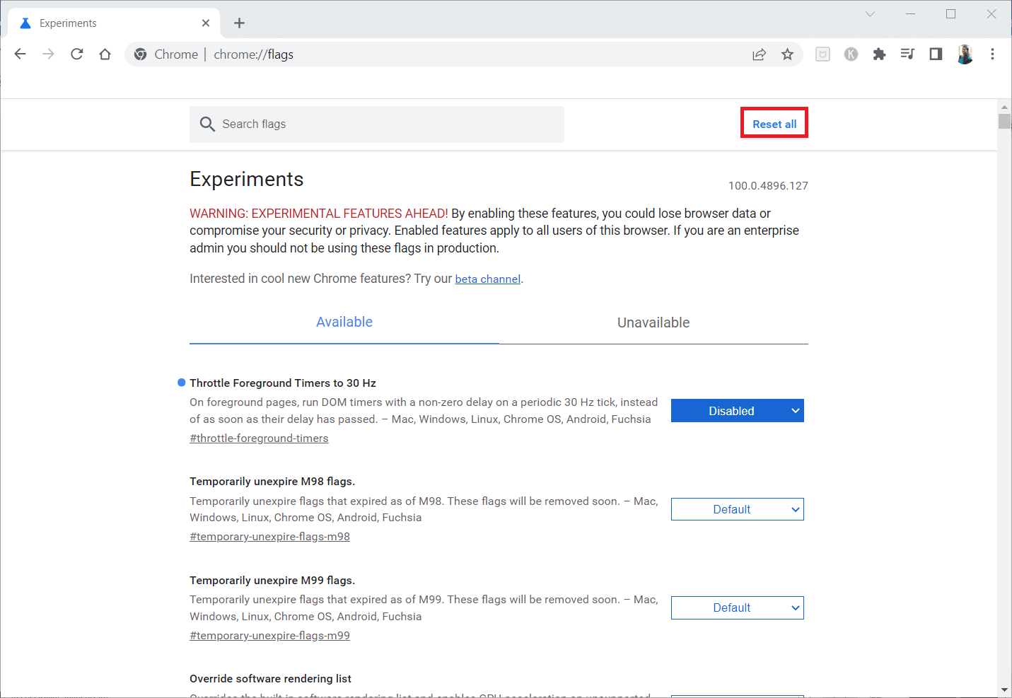 Cliquez sur le bouton Réinitialiser tout pour réinitialiser les paramètres expérimentaux sur Google Chrome