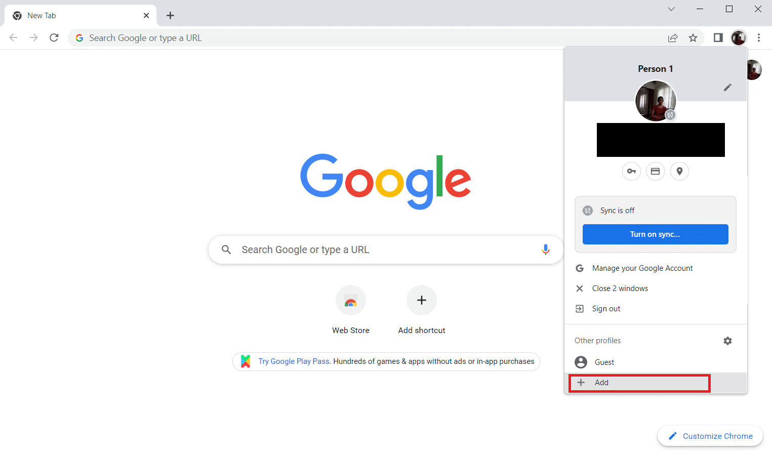 selezionare l'opzione Aggiungi come evidenziato per creare un nuovo profilo. Correggi i plugin di Chrome che non funzionano in Windows 10