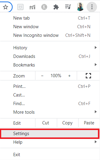 Wählen Sie die Option Einstellungen. Beheben Sie Chrome-Plug-ins, die in Windows 10 nicht funktionieren