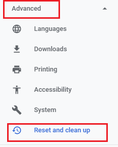 Ici, cliquez sur le paramètre Avancé dans le volet de gauche et sélectionnez Réinitialiser et nettoyer