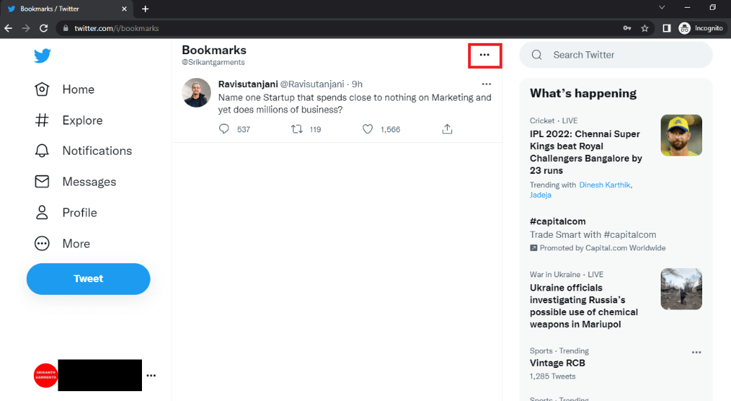 Kliknij przycisk Więcej w widoku Twitter Desktop