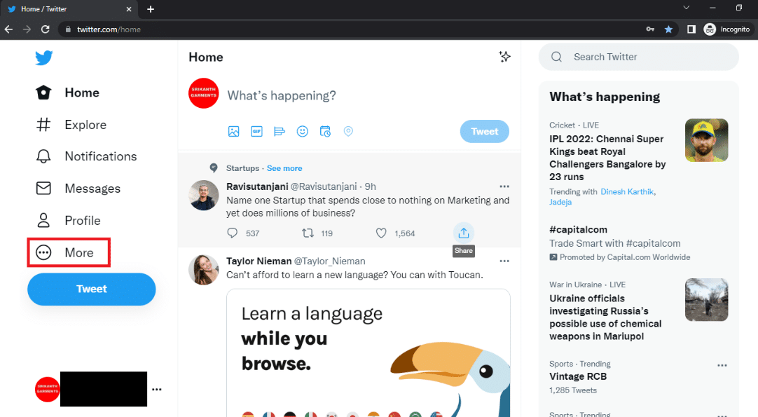 Klicken Sie in der Twitter Desktop-Ansicht auf die Option Mehr