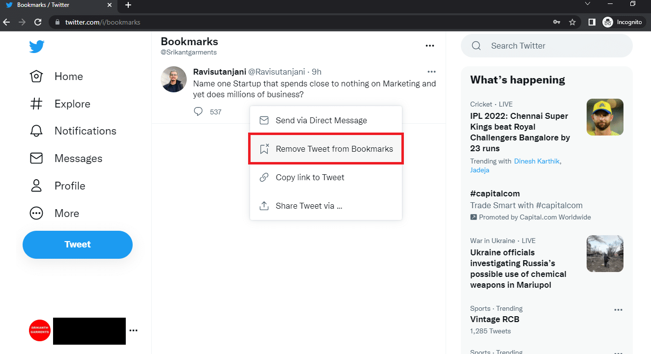 Wählen Sie die Option Tweet aus Lesezeichen entfernen