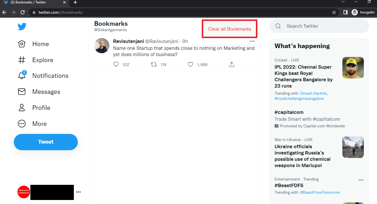 Klicken Sie in der Twitter Desktop-Ansicht auf die Option Alle Lesezeichen löschen