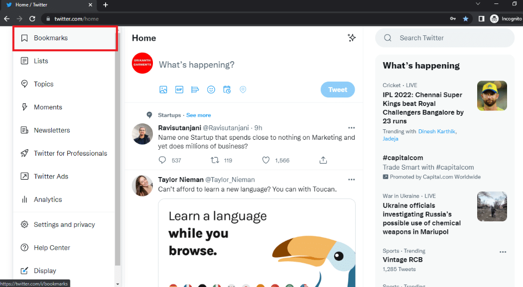 Selecione a opção Favoritos na visualização do Twitter Desktop