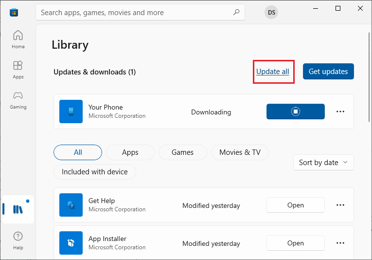 그런 다음 모두 업데이트 버튼을 클릭합니다. Windows 10이 작동하지 않는 Microsoft Store 수정