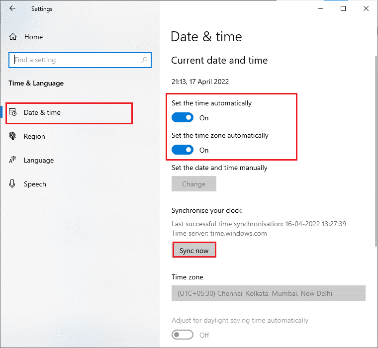 Ensuite, dans l'onglet Date et heure, assurez-vous que les options Définir l'heure automatiquement et Définir le fuseau horaire automatiquement sont activées. Correction du Microsoft Store ne fonctionnant pas sous Windows 10