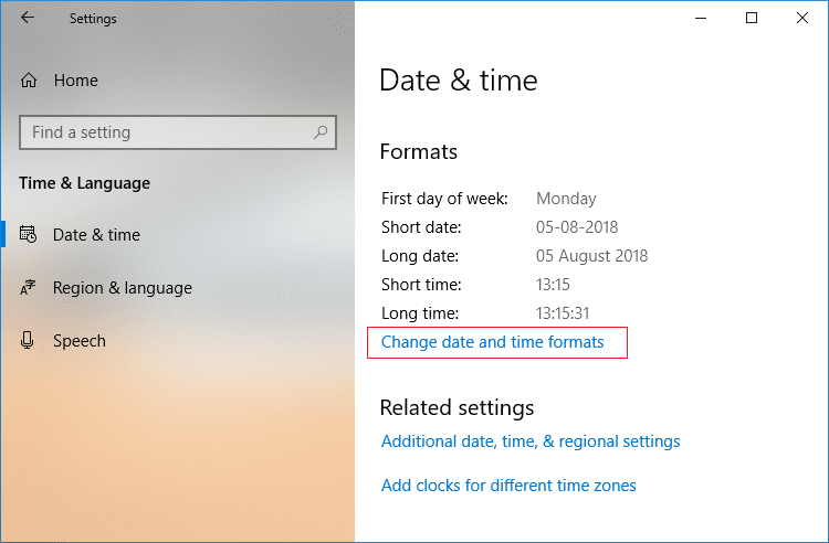 Sélectionnez Date et heure puis dans la fenêtre de droite, cliquez sur Modifier les formats de date et d'heure. Correction du Microsoft Store ne fonctionnant pas sous Windows 10