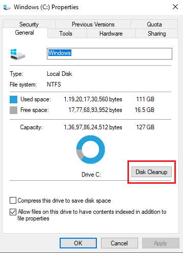 Sous l'onglet Général, cliquez sur Nettoyage de disque | 10 façons de libérer de l'espace disque sur Windows 10