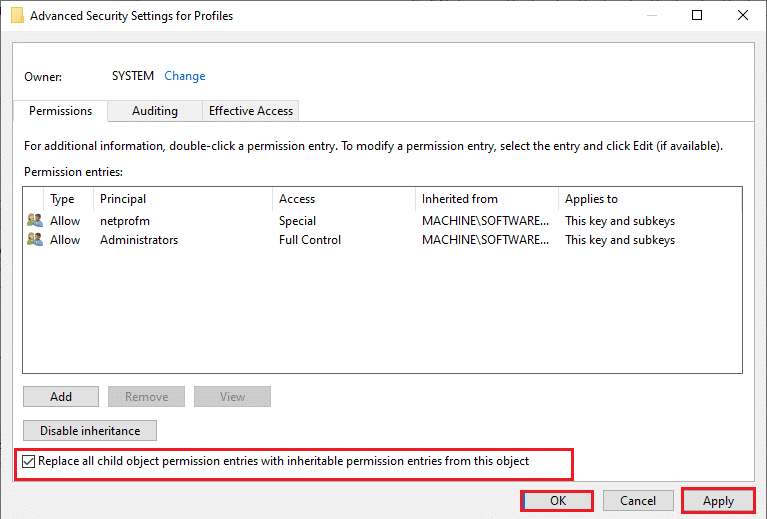 Dans la fenêtre suivante, cochez la case Remplacer toutes les entrées d'autorisation d'objet enfant par des entrées d'autorisation pouvant être héritées de cet objet.