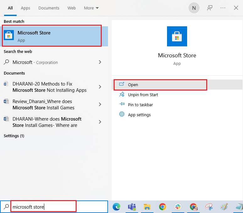 Allez dans le menu de recherche et tapez Microsoft Store. Cliquez ensuite sur Ouvrir