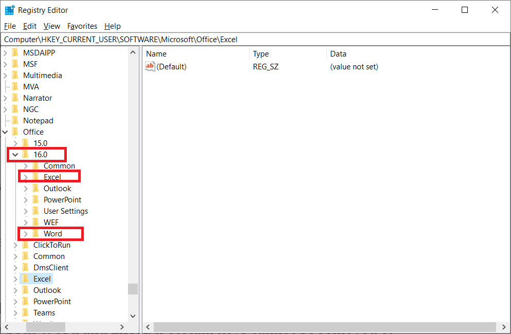 abra las subcarpetas 8.0, 9.0, 10.0, 11.0 y 12.0 y elimine las subclaves Excel y Word