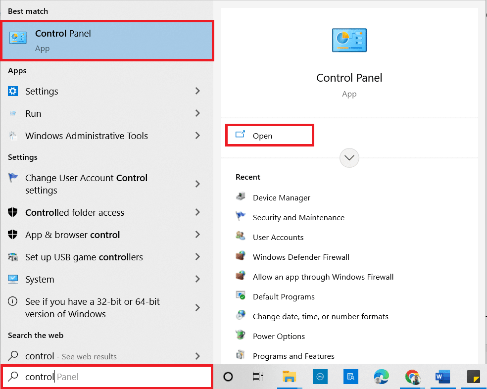 Presione la tecla de Windows y escriba Panel de control. Luego, haga clic en Abrir. Solucione el error stdole32.tlb en Windows 10