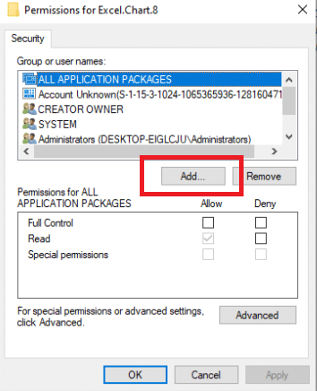 Нажмите «Добавить» в окне «Разрешения».