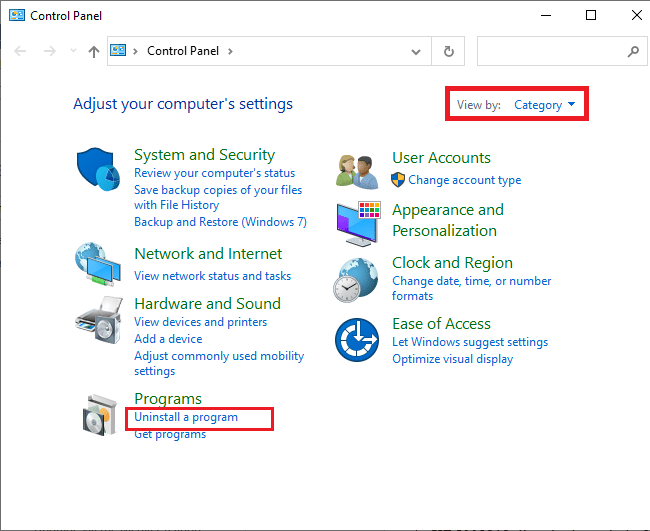 Tetapkan Lihat menurut sebagai Kategori. klik opsi Uninstall a program di bawah menu Programs