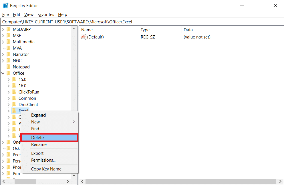 انقر بزر الماوس الأيمن فوق المفتاحين الفرعيين Word و Excel وحدد حذف لإزالتهما