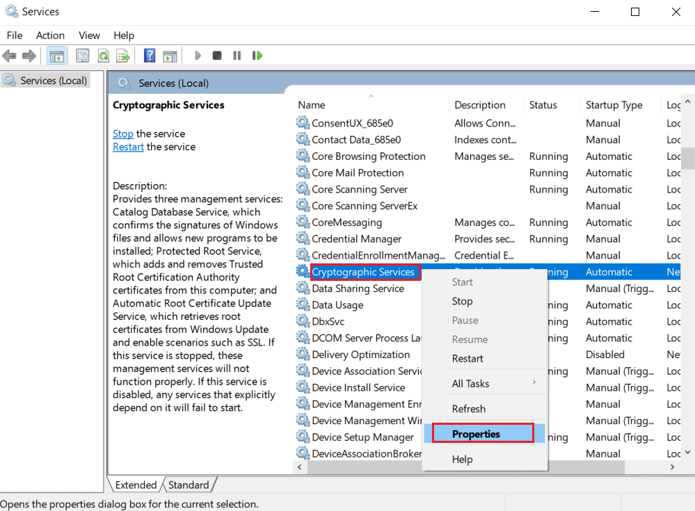 暗号化サービスを右クリックして、[プロパティ]を選択します