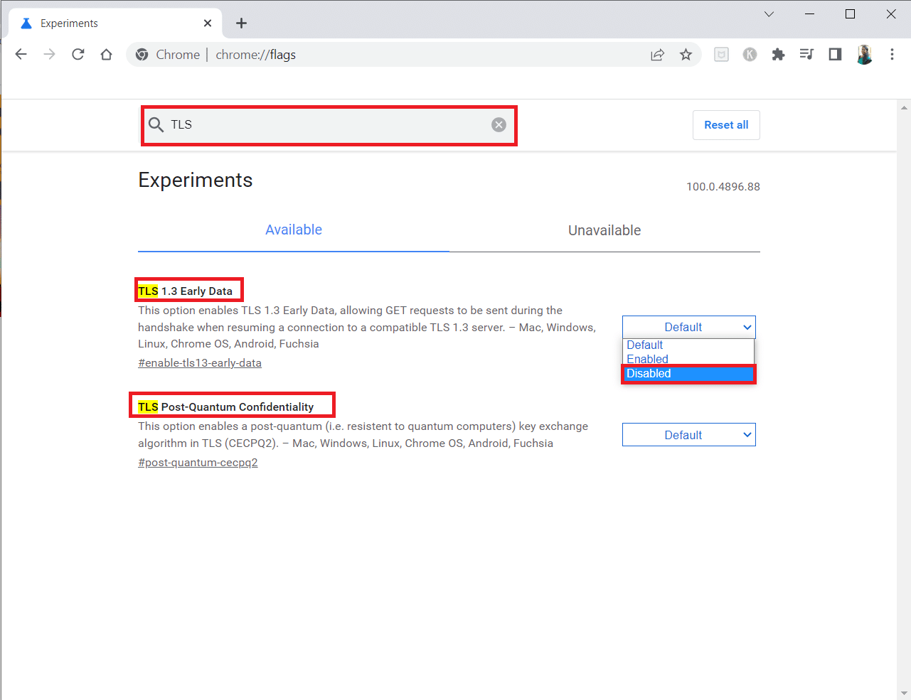 Escriba TLS en la barra de búsqueda y seleccione la opción Deshabilitar para indicadores relacionados con TLS. 12 formas de establecer una conexión segura en Chrome