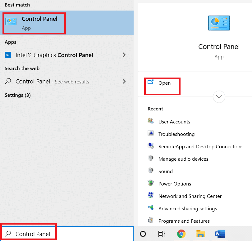 painel de controle aberto.