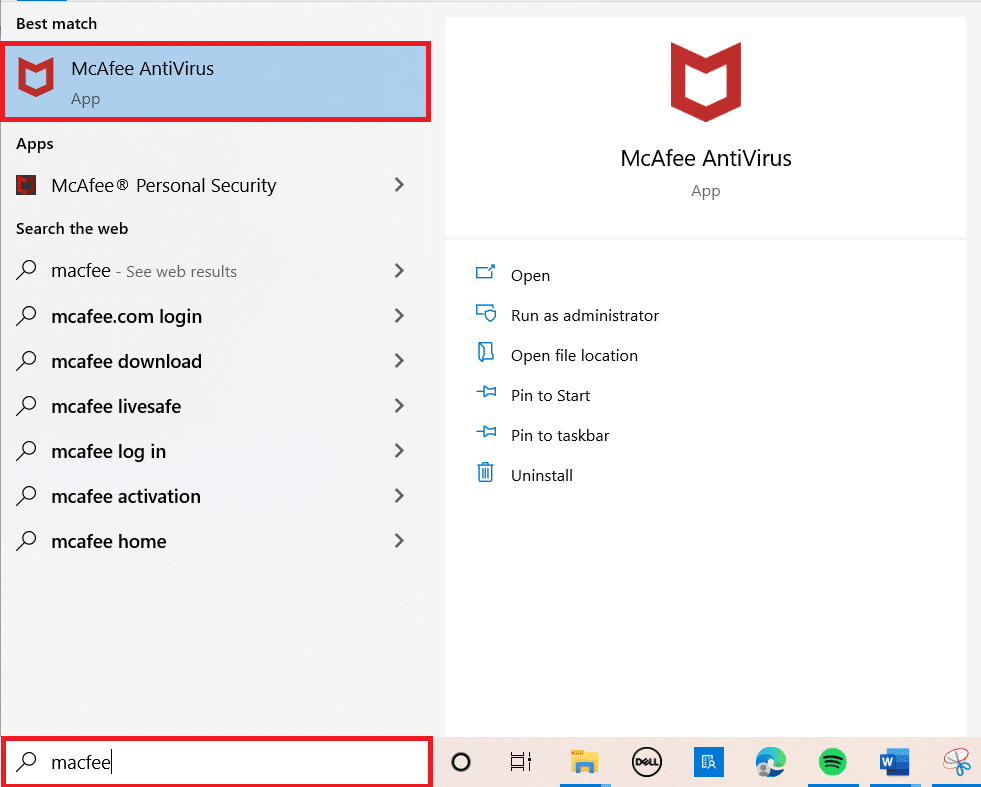 按 Windows 键。输入 McAfee 并打开它