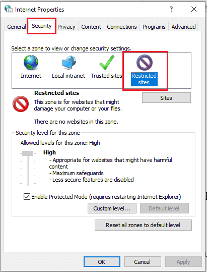 Navigieren Sie zur Registerkarte Sicherheit und klicken Sie auf die Schaltfläche Eingeschränkte Sites. So entsperren Sie eine Website unter Windows 10