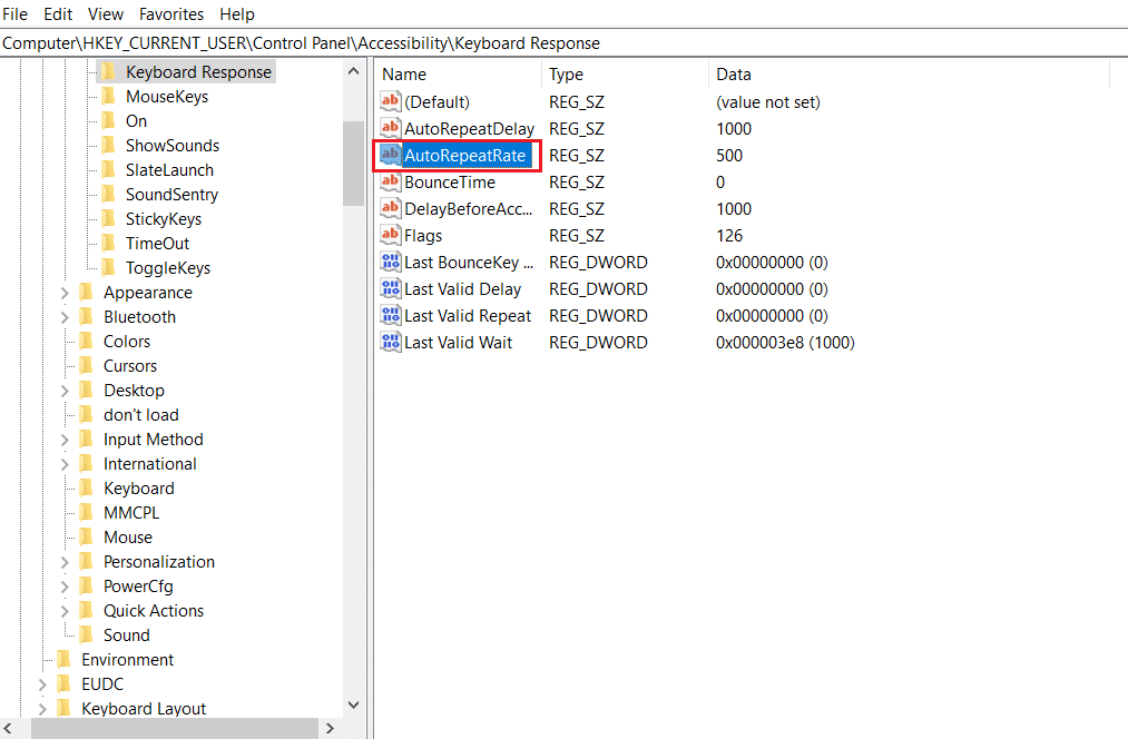 Doppelklicken Sie im Registrierungseditor auf die Zeichenfolge für die automatische Wiederholung. Beheben Sie das doppelte Tippen auf der mechanischen Tastatur