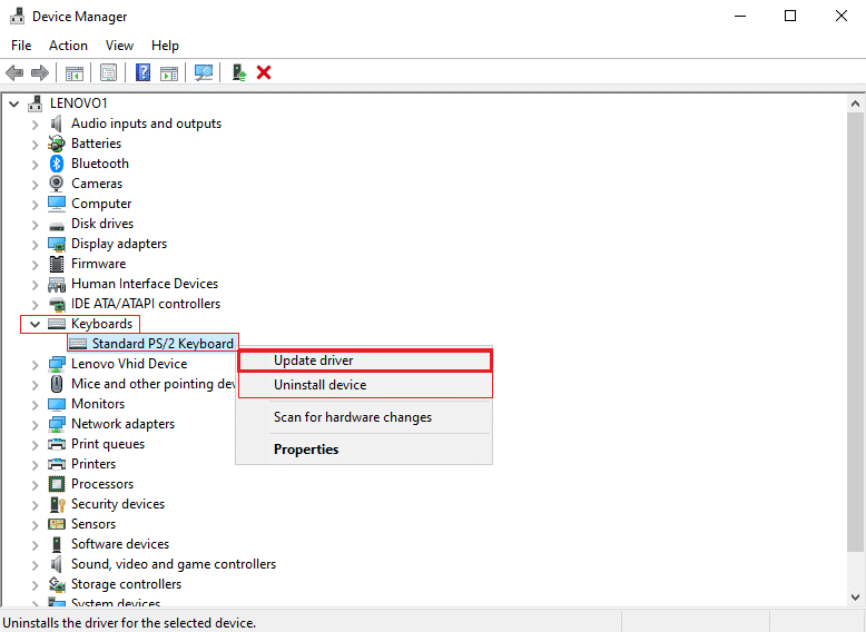 Suchen Sie das Dropdown-Menü Tastaturen und doppelklicken Sie darauf, um es zu erweitern. Klicken Sie mit der rechten Maustaste auf das gewünschte Tastaturgerät (z. B. Standard-PS/2-Tastatur) und klicken Sie auf die Option Treiber aktualisieren