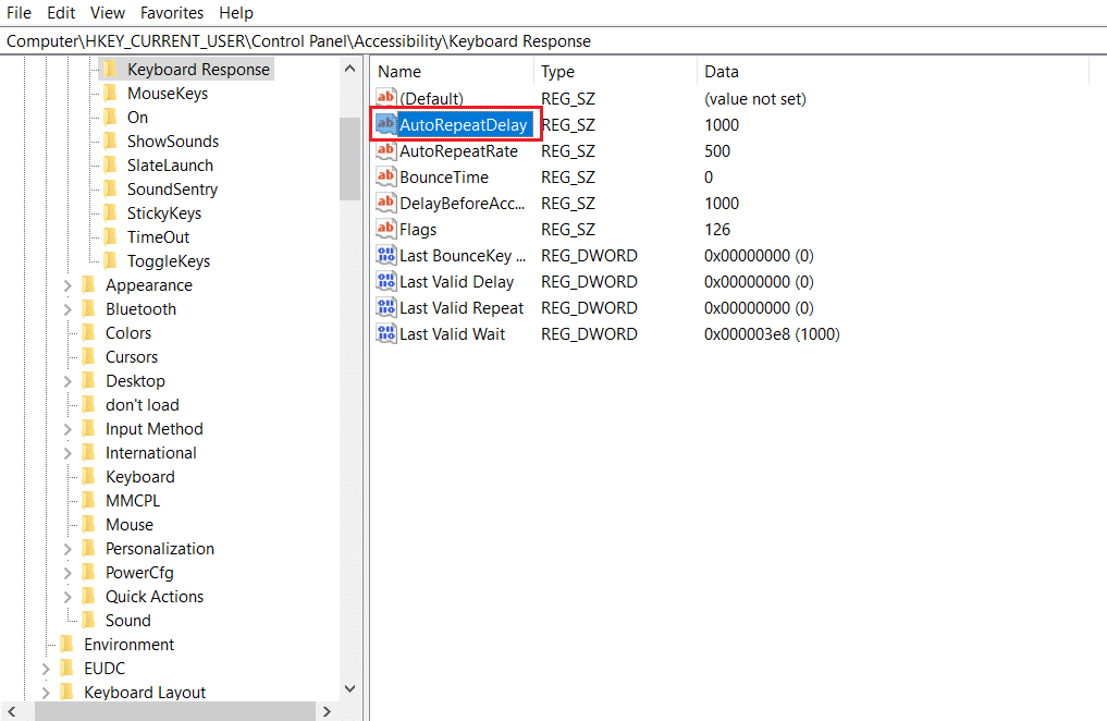 klik dua kali pada string autorepeatdelay di Registry Editor. Perbaiki Pengetikan Ganda Keyboard Mekanik