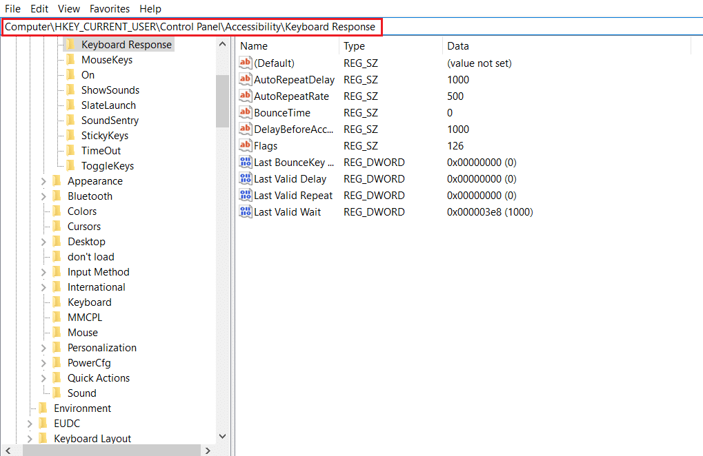 ไปที่เส้นทางโฟลเดอร์คีย์การตอบสนองของแป้นพิมพ์ใน Registry Editor