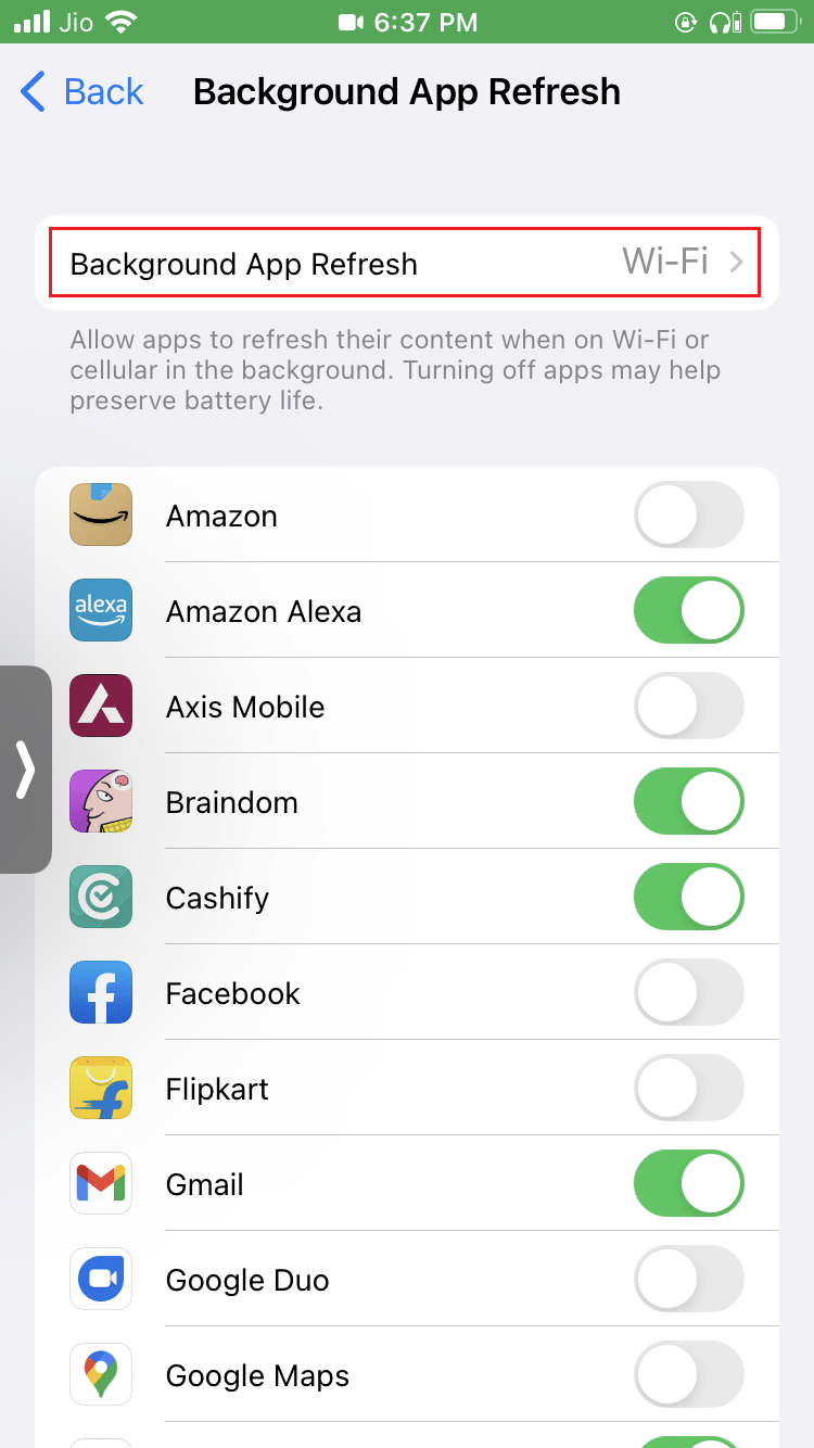 dotknij opcji odświeżania aplikacji w tle na iPhonie