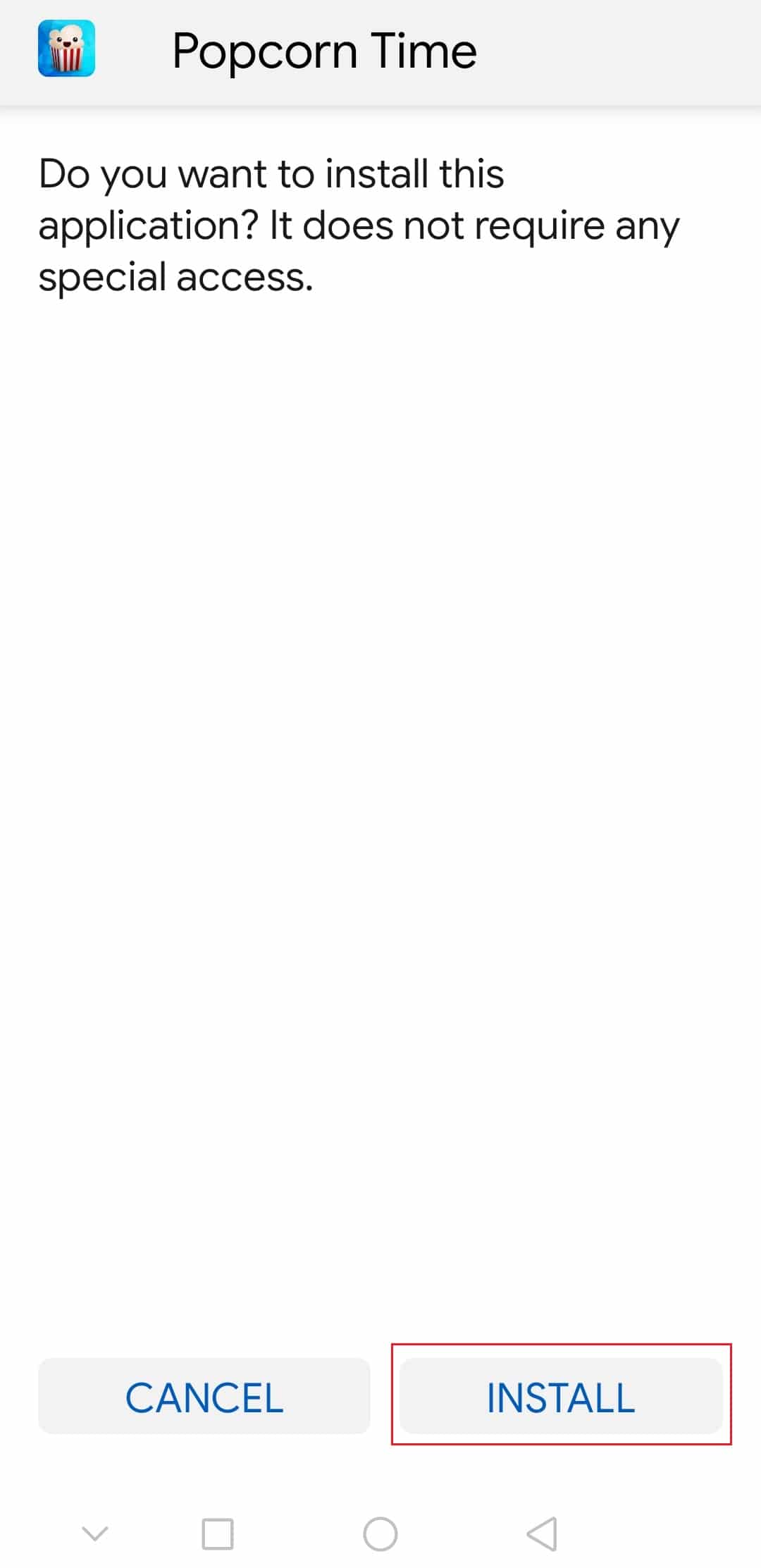 нажмите «Установить», чтобы установить Android-приложение Popcorn Time