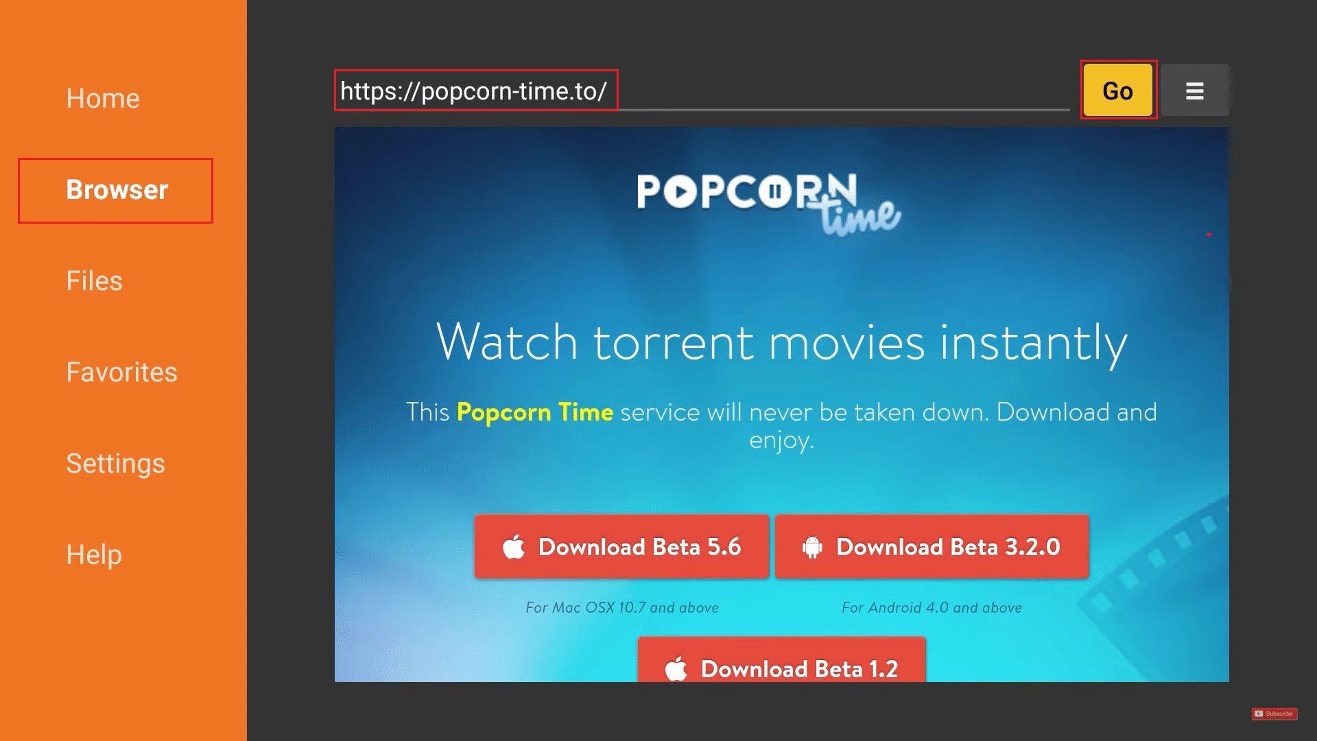 allez dans le menu du navigateur et allez sur le site Web de popcorn time dans le programme Downloader Amazon fire tv