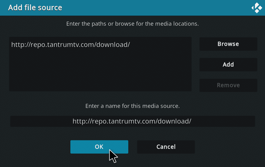 Sekarang, rekatkan tautan berikut http://repo.tantrumtv.com/download/ dan klik OK.