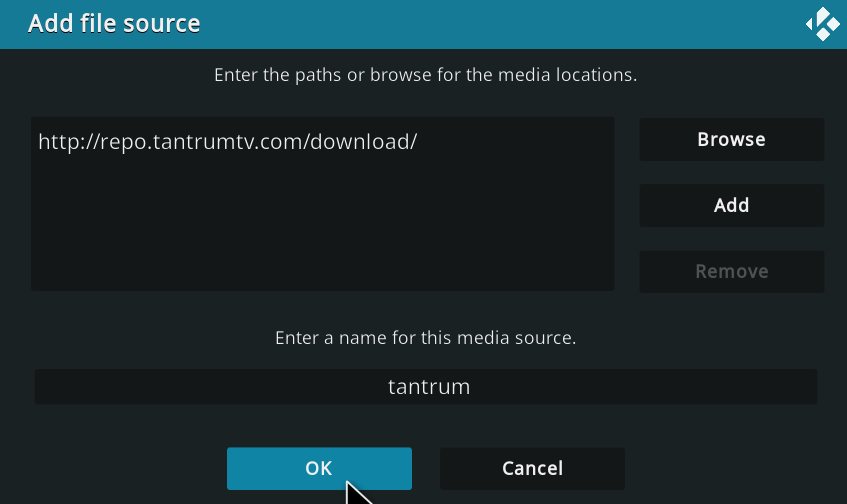 ในหน้าจอ เพิ่มแหล่งที่มาของไฟล์ ให้เปลี่ยนชื่อเป็น tantrum ภายใต้ฟิลด์ Enter a name for this media source สุดยอดโปรแกรมเสริม Kodi 5 อันดับแรกสำหรับฟิตเนสและการออกกำลังกาย