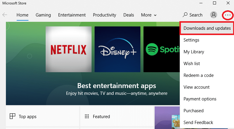 Ahora, haga clic en el icono de tres puntos en la esquina superior derecha de la ventana y seleccione la opción Descargas y actualizaciones. Arreglar el código de error 0x80070490 en Windows 10