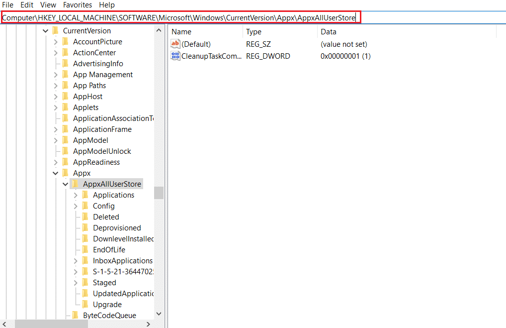 vai alla posizione della cartella della chiave AppxAllUserStore nell'Editor del Registro di sistema