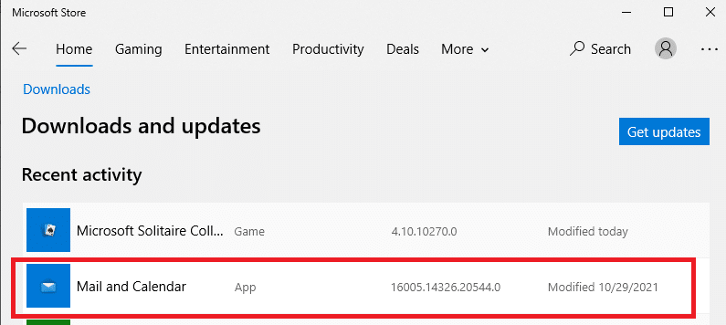 Maintenant, cliquez sur Courrier et calendrier dans la liste et vérifiez les mises à jour. Correction du code d'erreur 0x80070490 dans Windows 10