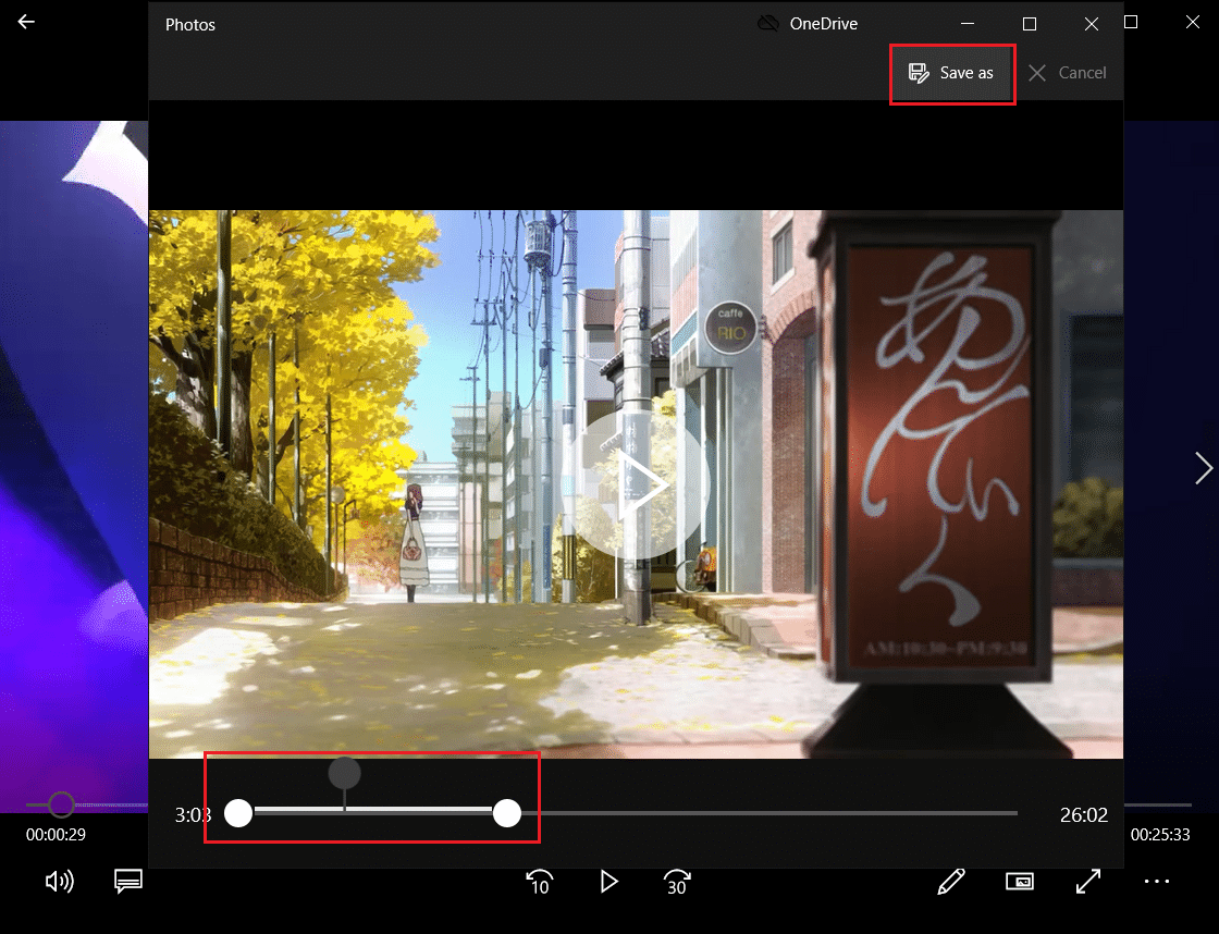 réglez le curseur pour découper une vidéo et cliquez sur enregistrer sous dans le menu de découpage des films et de la télévision