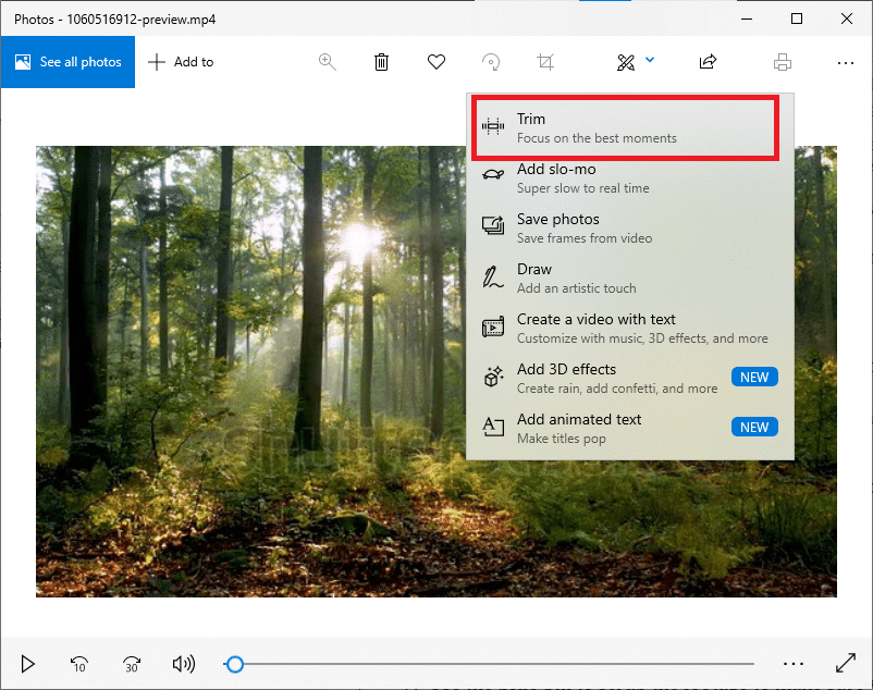 Fare clic sull'opzione Taglia. Come tagliare video in Windows 10