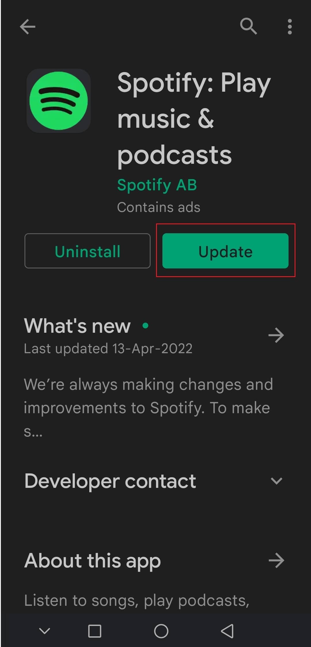 اضغط على خيار التحديث في Spotify Google Play Store على Android