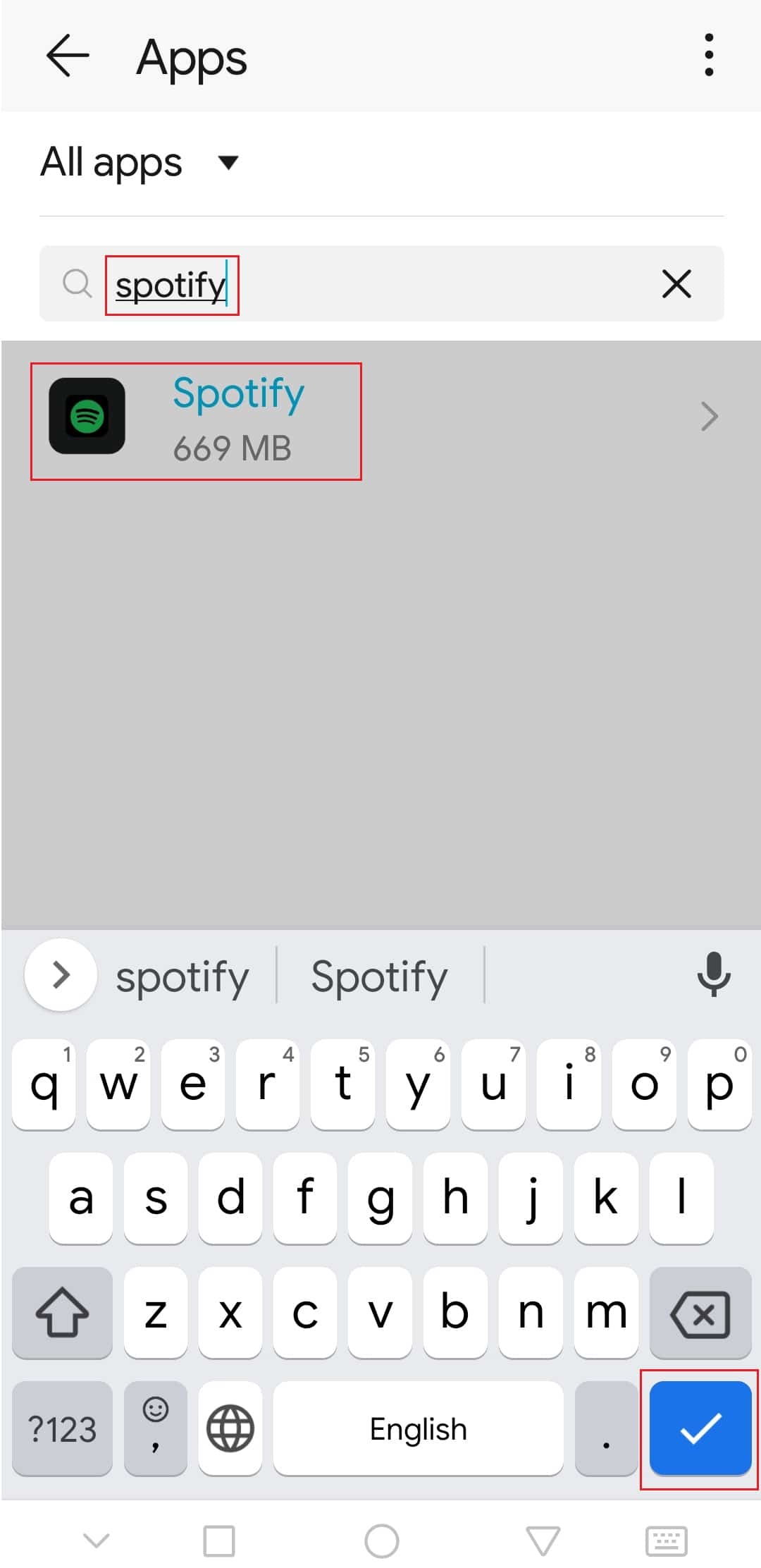 Spotify'ı arayın ve Android'de Spotify uygulama ayarlarına gitmek için üzerine dokunun