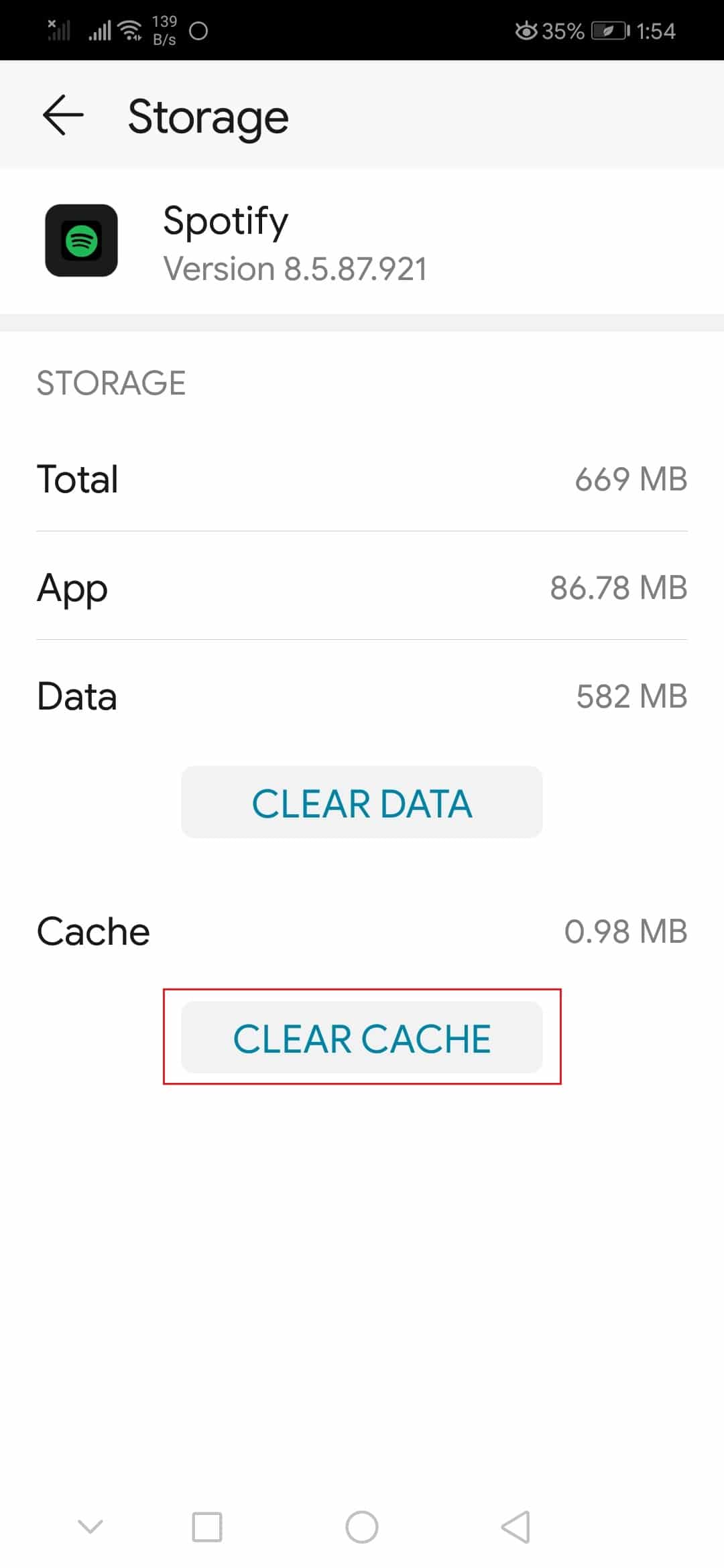 atingeți opțiunea de golire cache în setările aplicației Android Spotify Storage