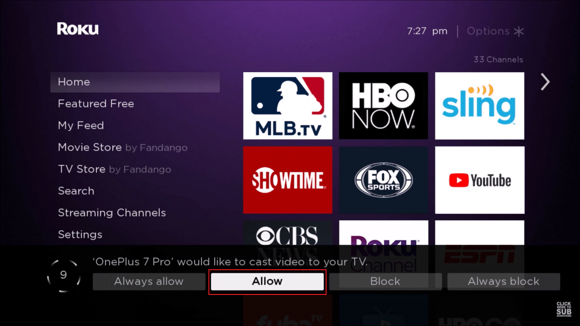 seleccione permitir agregar dispositivo en roku tv player