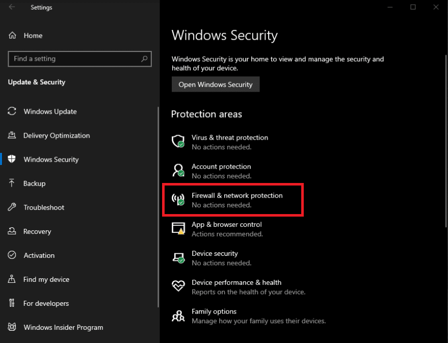 Seleziona Firewall e protezione della rete dal menu Sicurezza di Windows