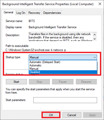 여기에서 일반 탭의 드롭다운 메뉴에서 시작 유형을 비활성화로 설정합니다. Windows 10에서 SoftThinks 에이전트 서비스 높은 CPU 사용량 수정