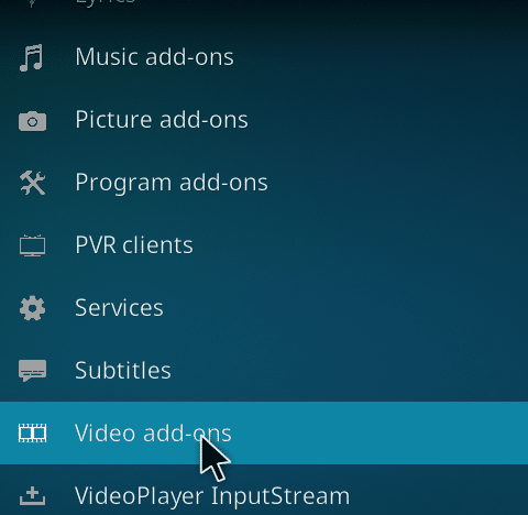 Agora, role para baixo na tela do meio e escolha Addons de vídeo. Os 7 melhores complementos esportivos Kodi
