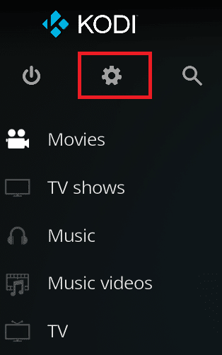 Inicie Kodi y seleccione el ícono de Configuración en el panel izquierdo de la pantalla de inicio
