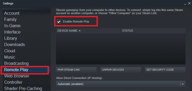 Klicken Sie hier im Fenster Einstellungen auf die Registerkarte Remote Play im linken Bereich und deaktivieren Sie die Option Remote Play aktivieren, um die Funktion zu deaktivieren