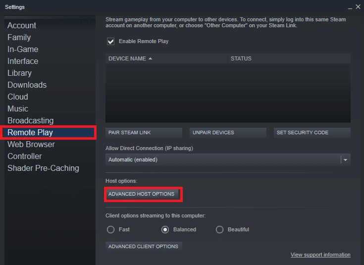 Wechseln Sie nun auf der Registerkarte Einstellungen zur Registerkarte Remote Play und dann zu ADVANCED HOST OPTIONS